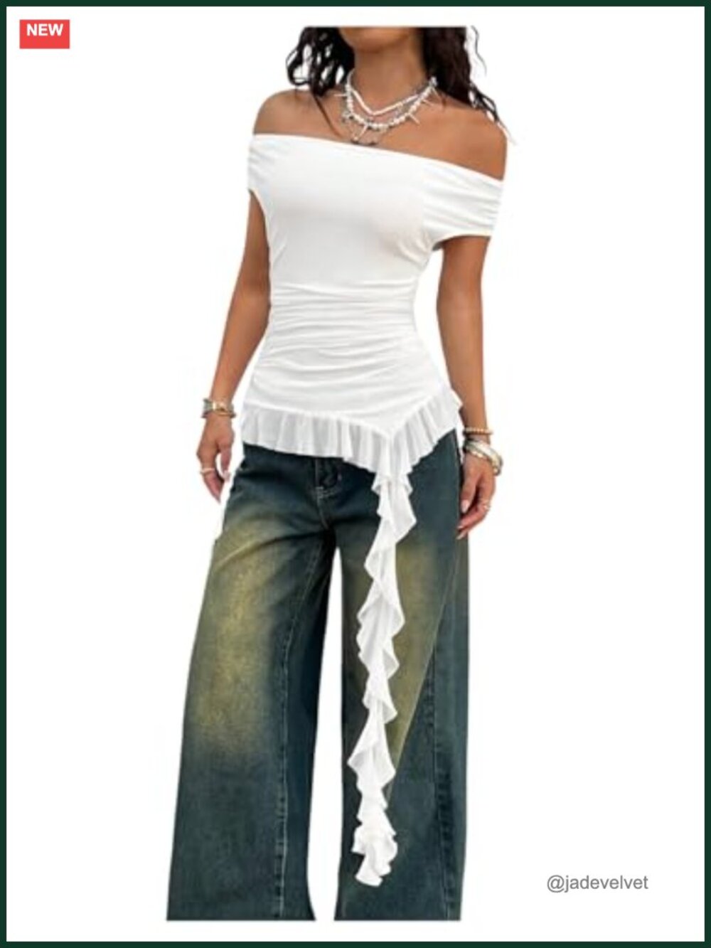 Off Shoulder Ruffle Ruched Asymmetric Hem Mesh Concert Top Y2K